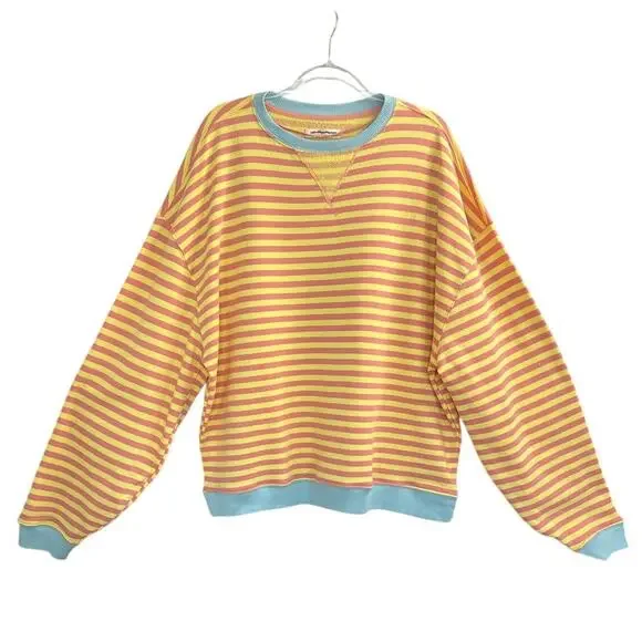 New Free People Classic Striped Oversized Crewneck In Orange Combo Women's Sz M - Picture 3 of 7